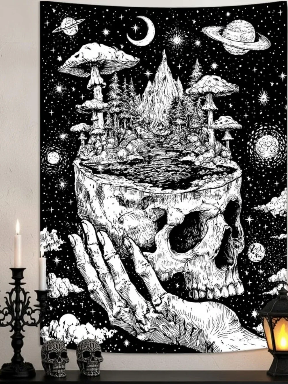 Hand Holding Skull Black White Mushroom Moon Dark Fantasy Goth Big Wall Tapestry